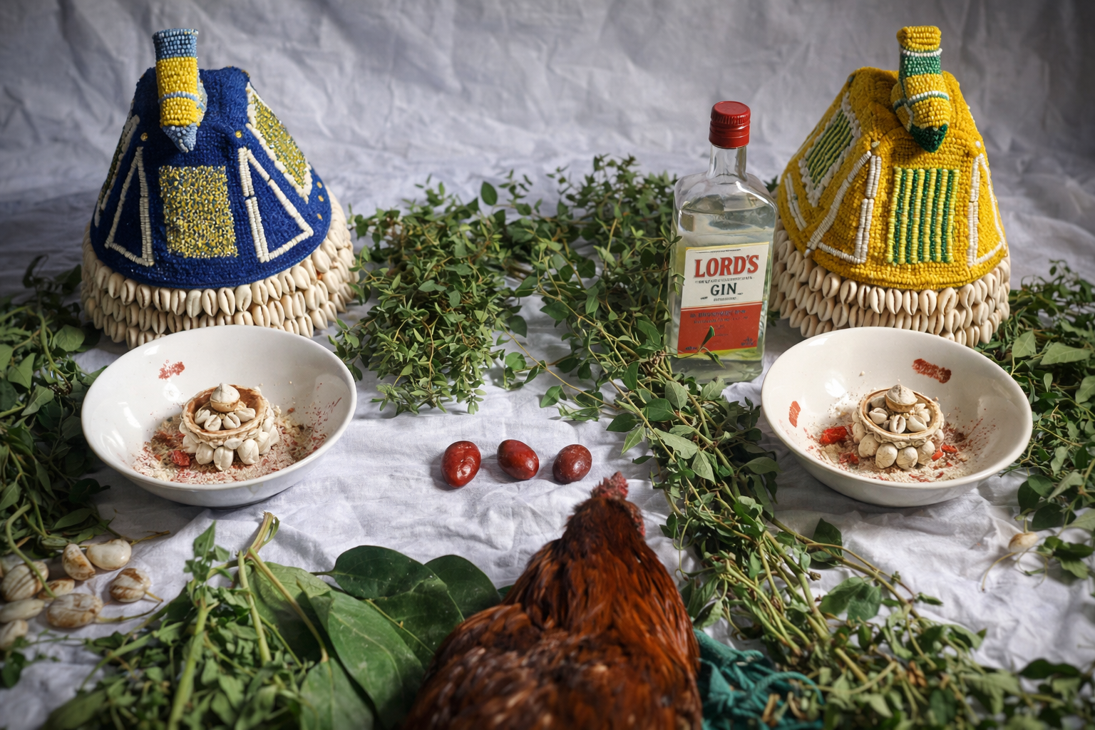 Atendimento espiritual com oris, folhas, obi, gin e elementos rituais